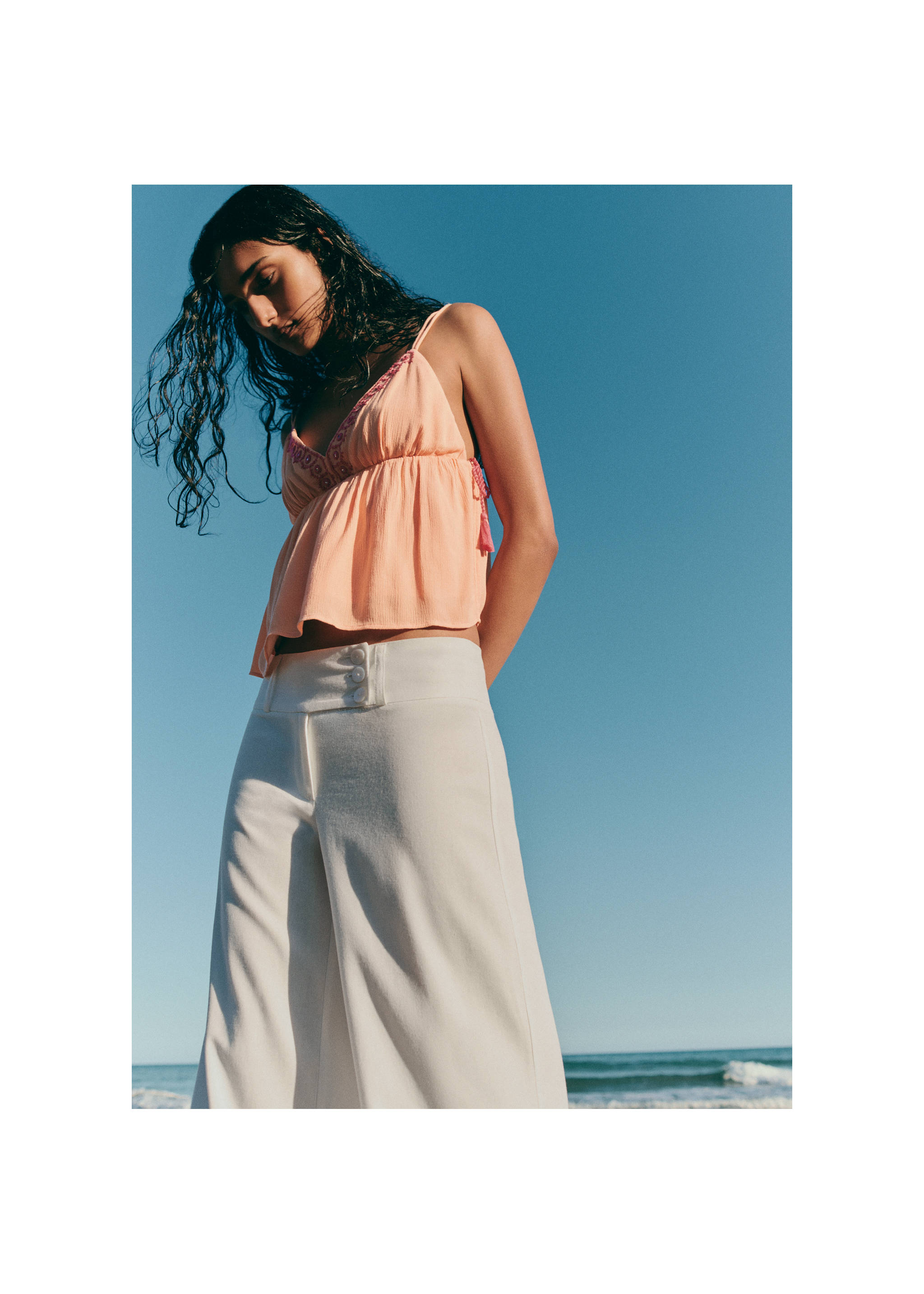 بنطلون قطن ولينين بقصة مستقيمة - تفاصيل المنتج 5, سكري. Ref: 27039215-00.