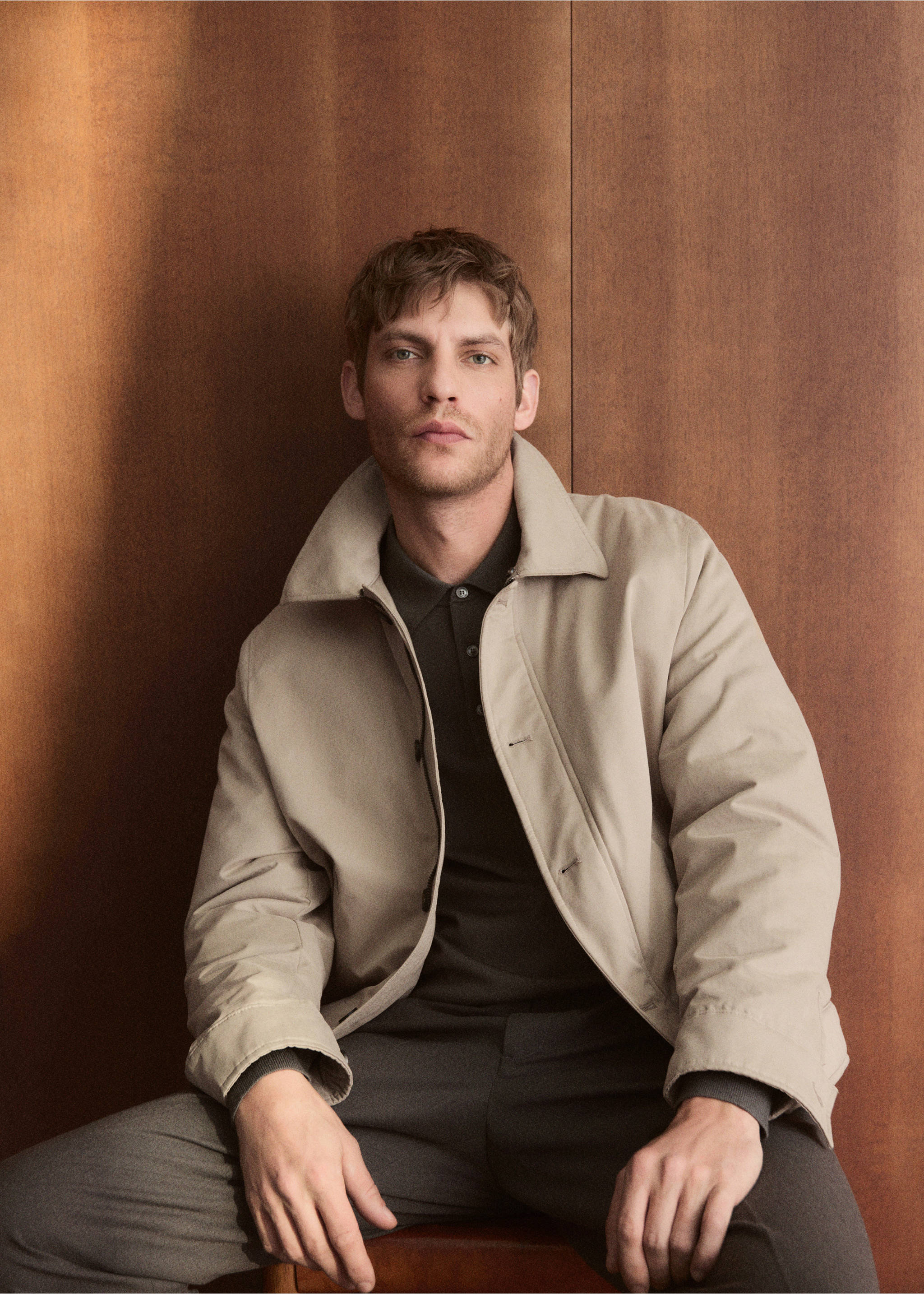 Quilted jacket with shearling-effect collar - Details of the article 3, Sand. Ref: 27041175-00.