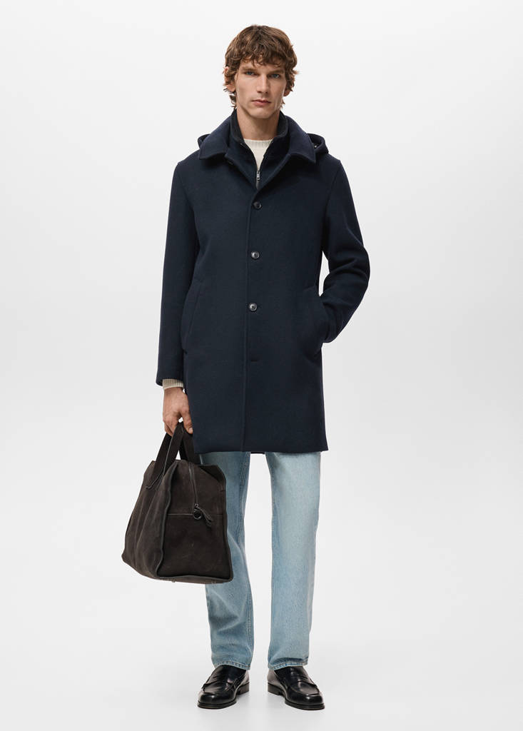 Wool coat with detachable inner collar — Navy