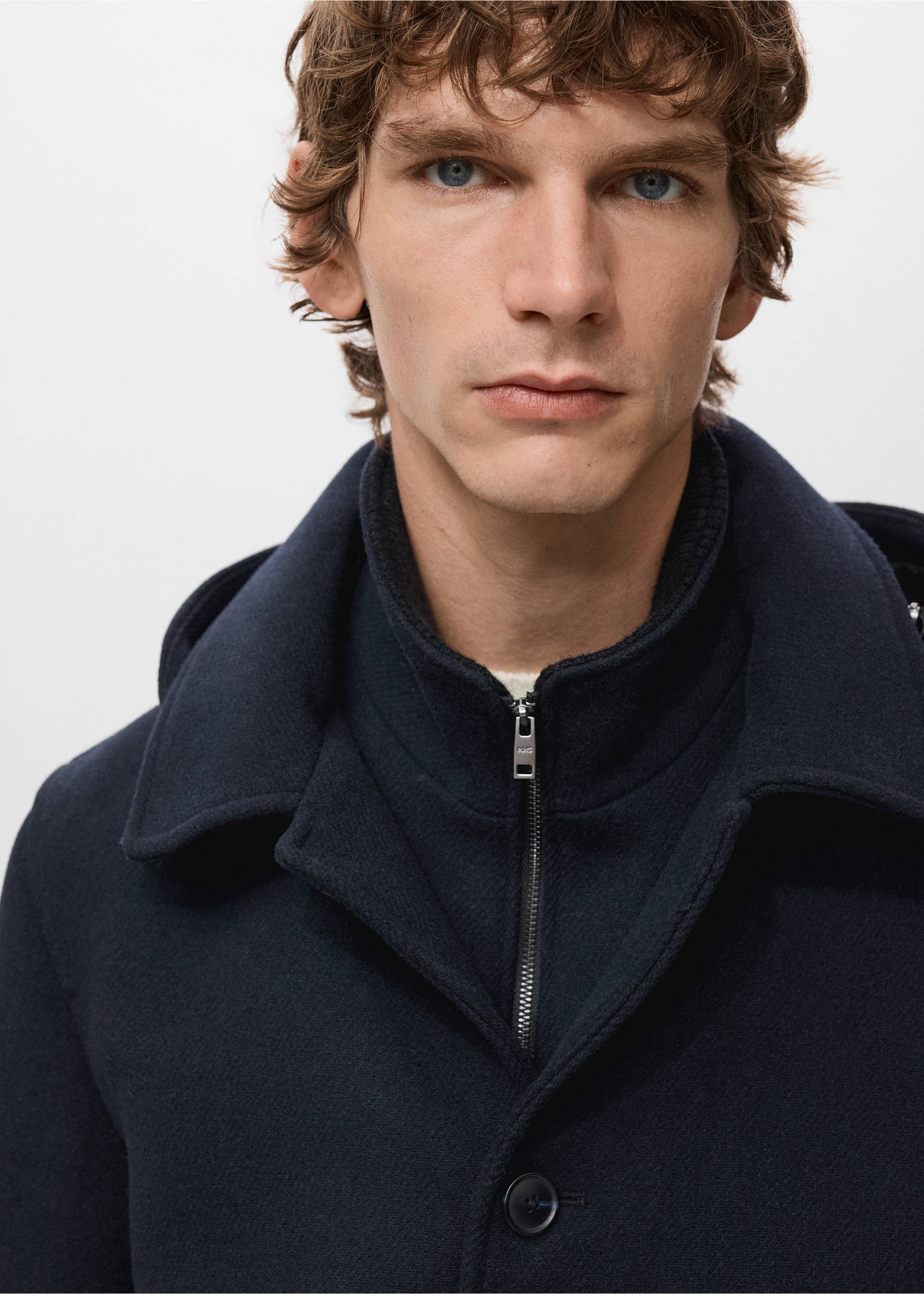 Wool coat with detachable inner collar - Details of the article 1, Navy. Ref: 27041176-00.