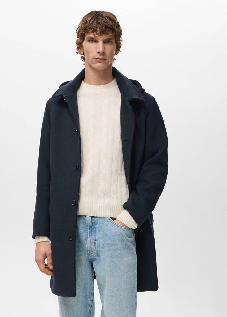 Wool coat with detachable inner collar — Navy