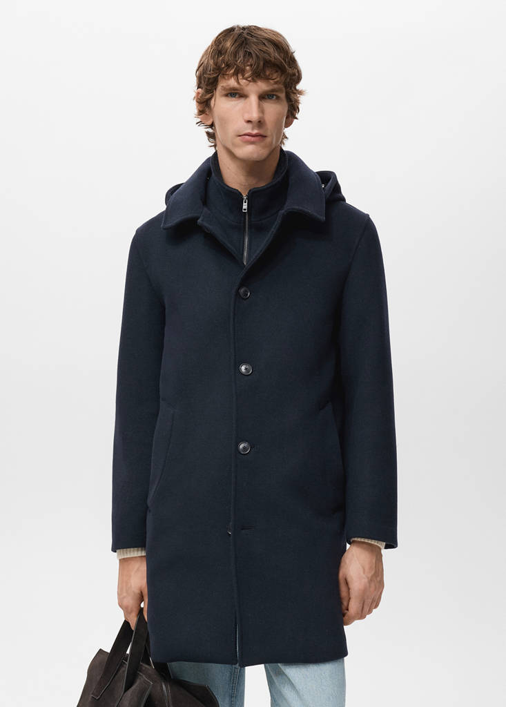 Wool coat with detachable inner collar — Navy