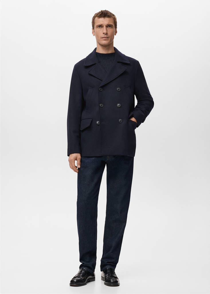 Short double-breasted wool coat — Navy