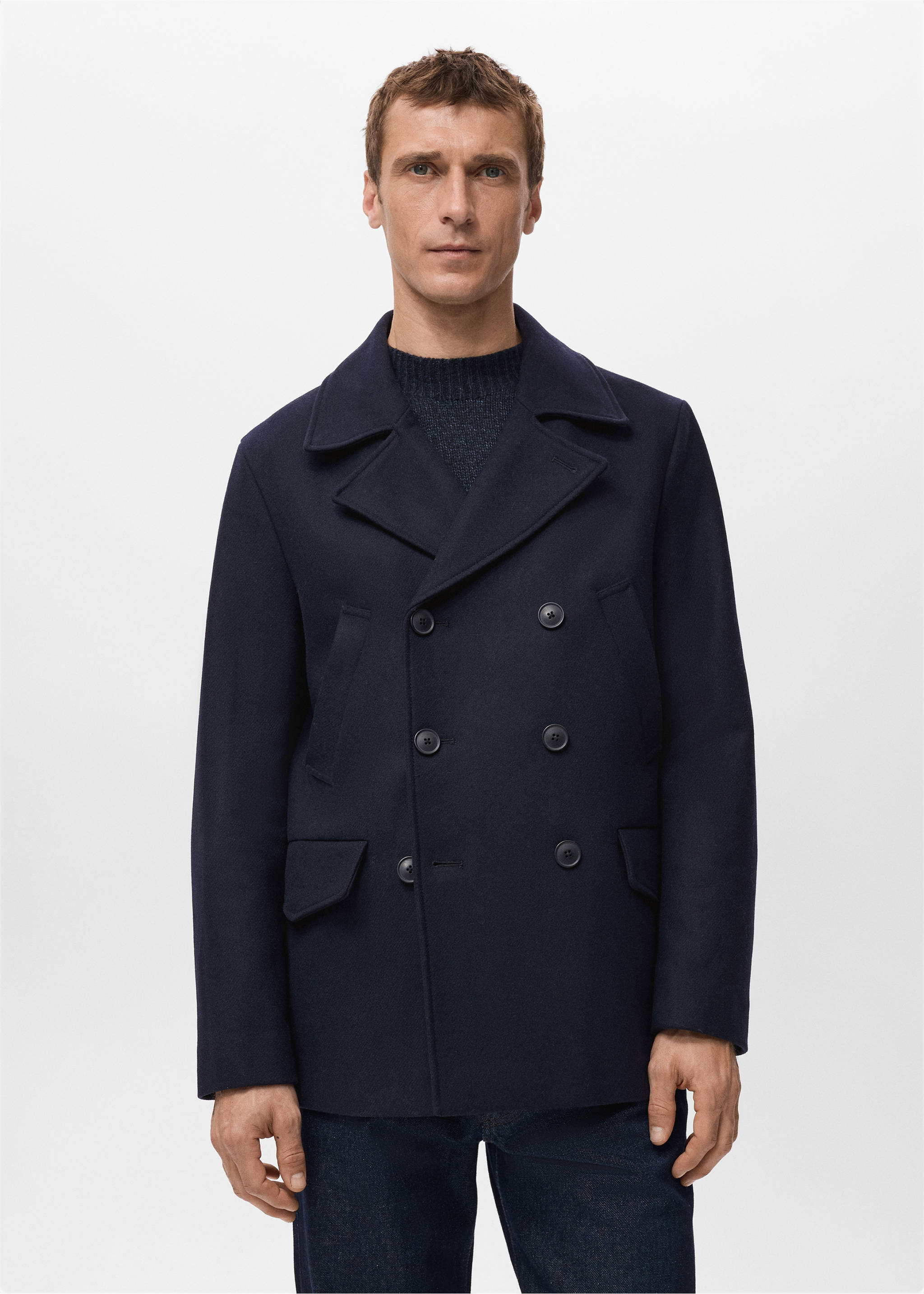 Short double-breasted wool coat - Medium plane, Navy. Ref: 27041178-00.