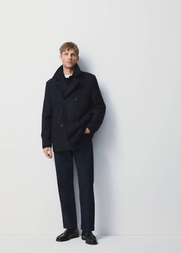 Short double-breasted wool coat — Navy