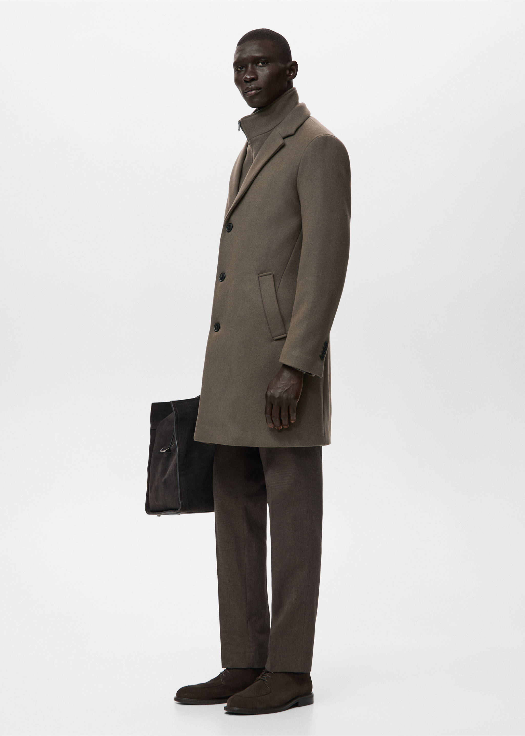 Wool coat with detachable inner collar - Details of the article 2, Medium Brown. Ref: 27041179-00.