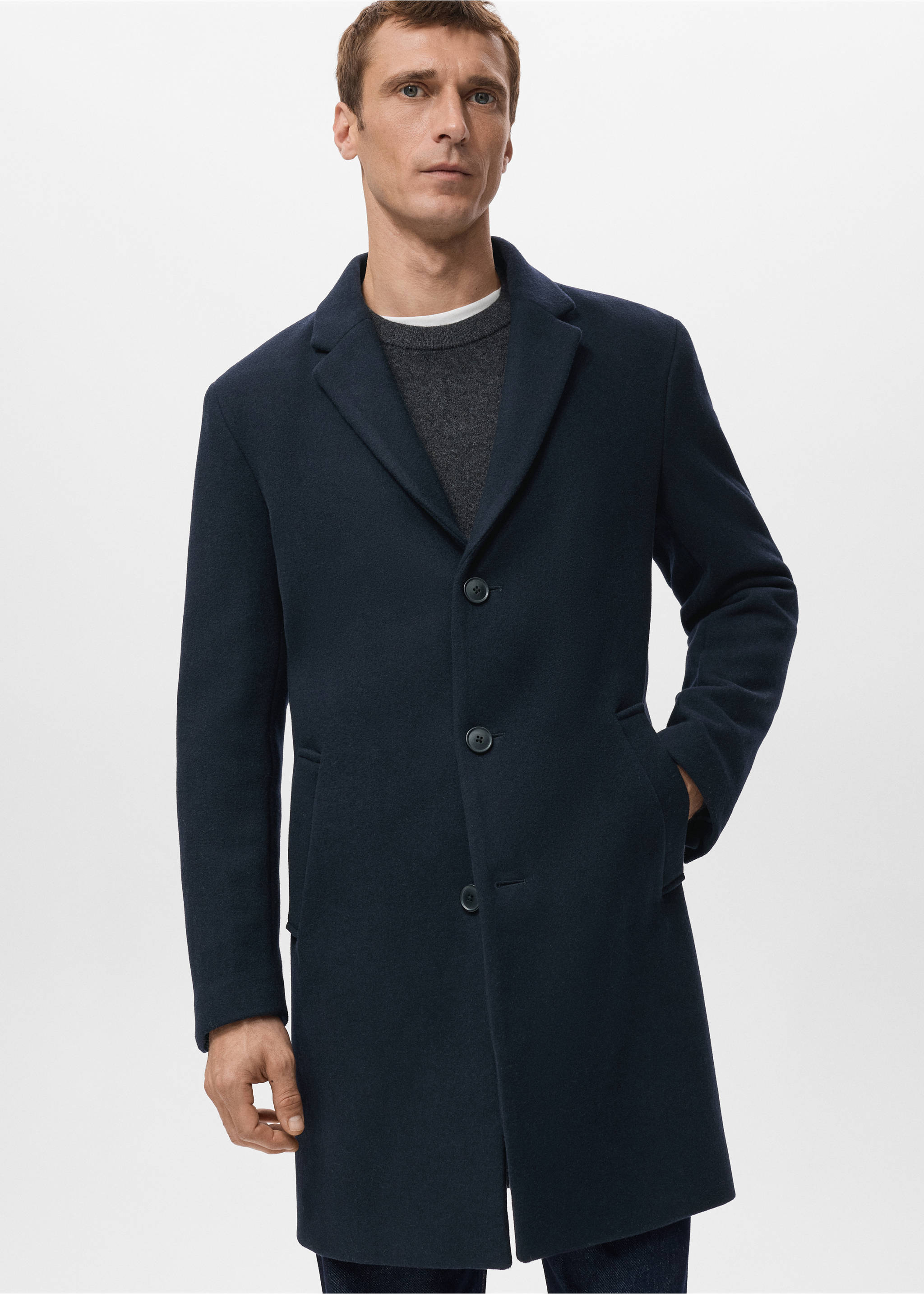 Wool coat with detachable inner collar - Details of the article 4, Navy. Ref: 27041179-00.