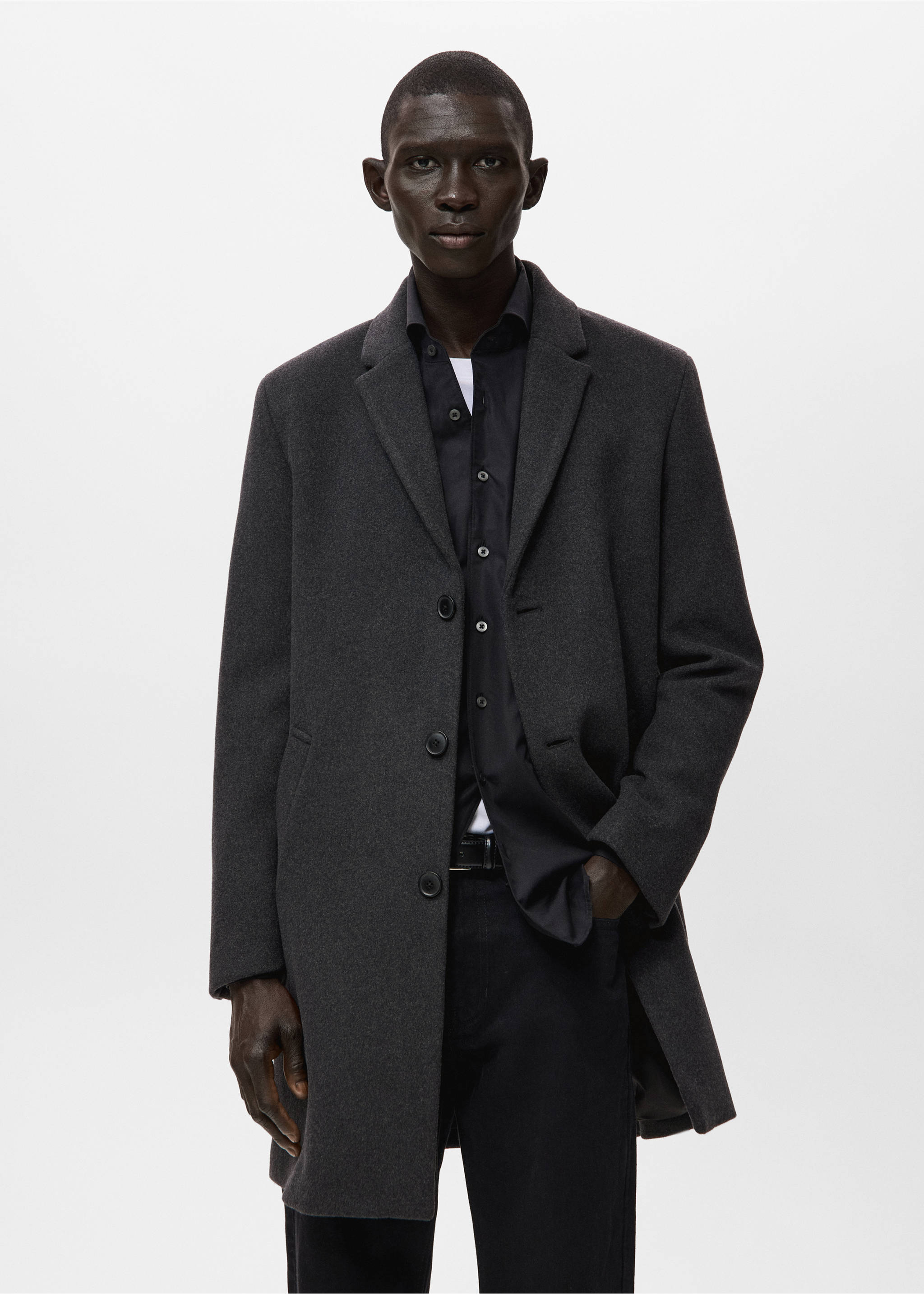 Wool coat with detachable inner collar - Medium plane, Dark Heather Grey. Ref: 27041179-00.