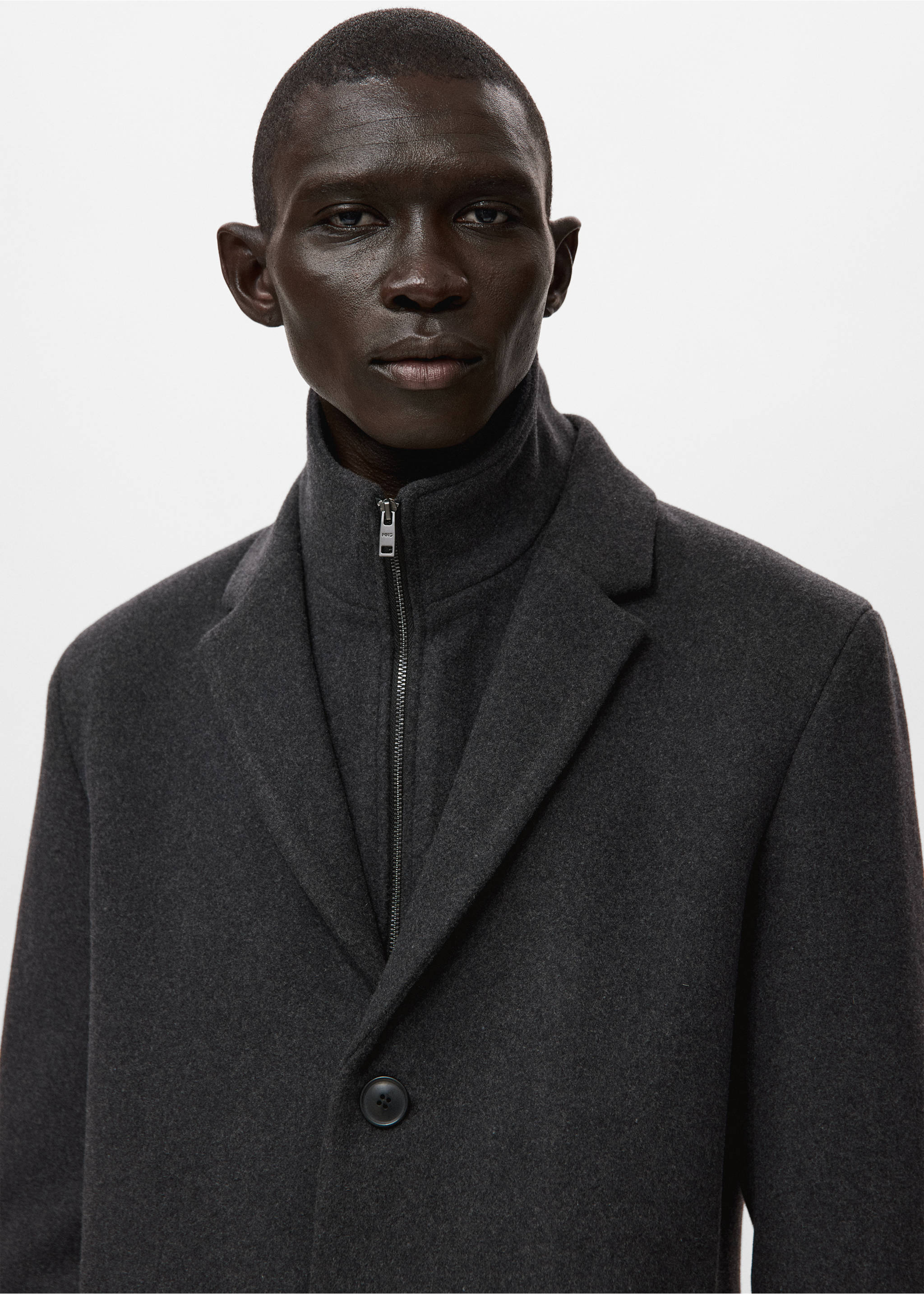 Wool coat with detachable inner collar - Details of the article 1, Dark Heather Grey. Ref: 27041179-00.