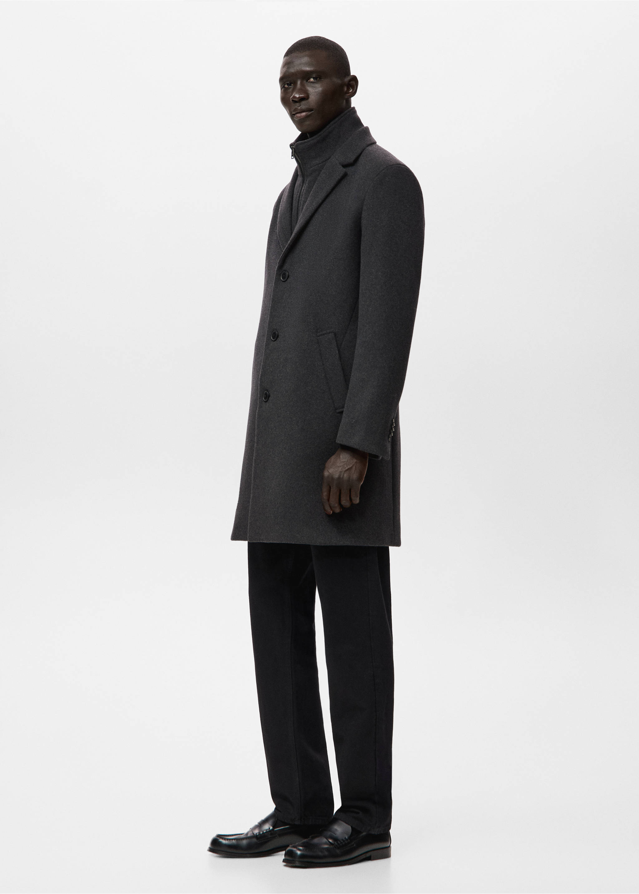 Wool coat with detachable inner collar - Details of the article 6, Dark Heather Grey. Ref: 27041179-00.