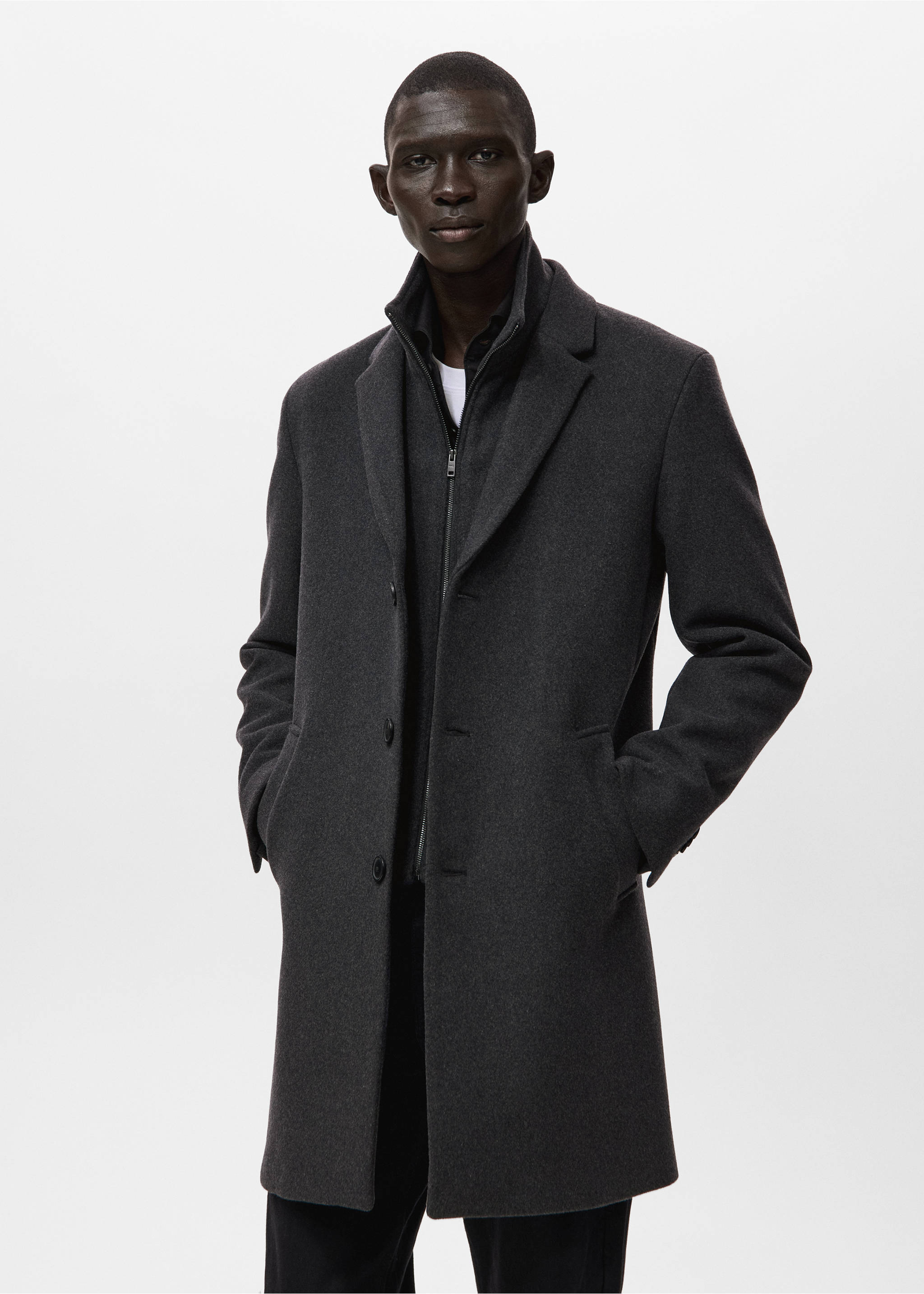 Wool coat with detachable inner collar - Details of the article 2, Dark Heather Grey. Ref: 27041179-00.