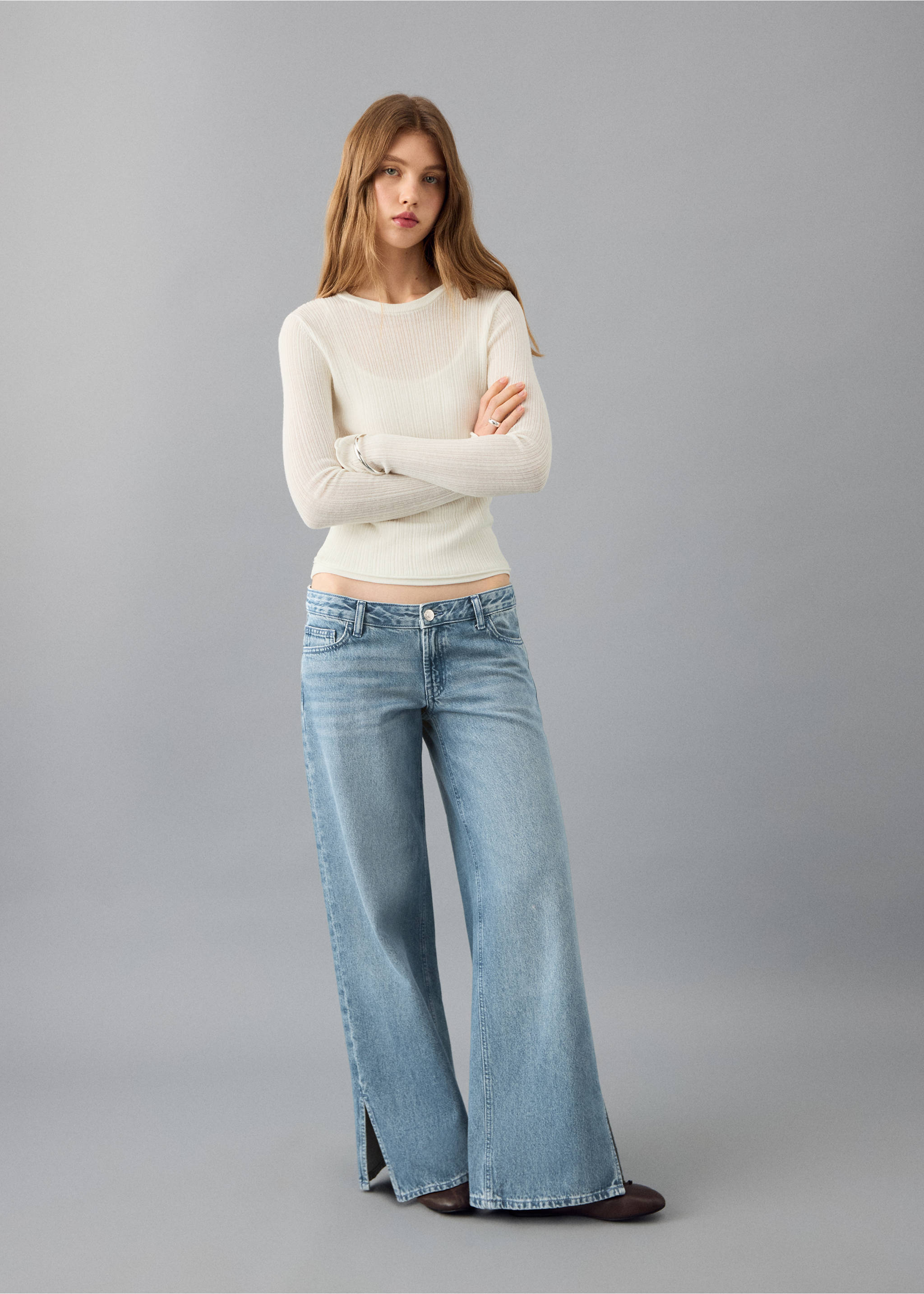 Blugi wide leg cu tăieturi - Plan general, Albastru mediu. Ref: 27041213-00.