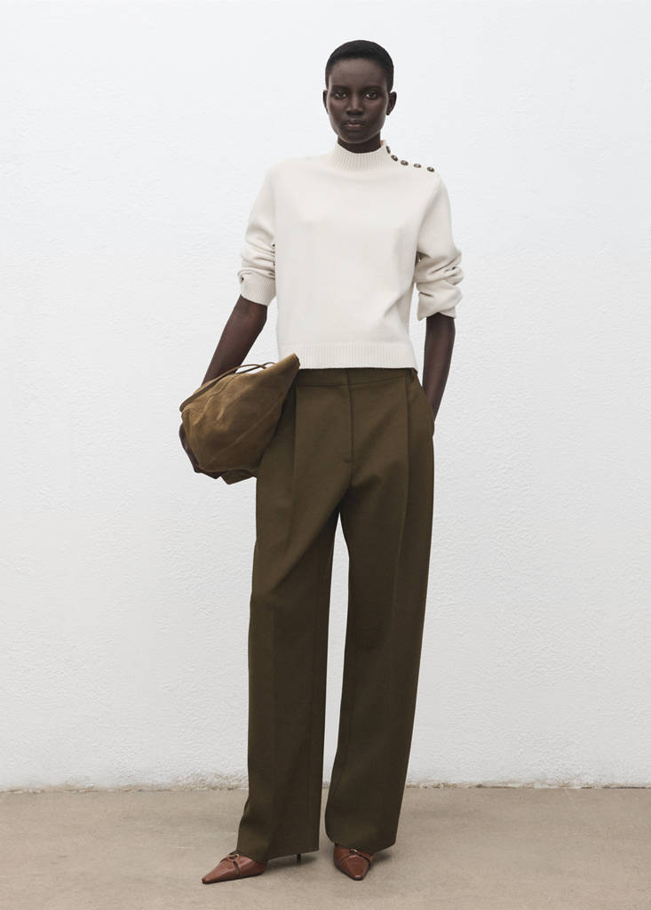 Perkins-neck sweater with button — Ecru