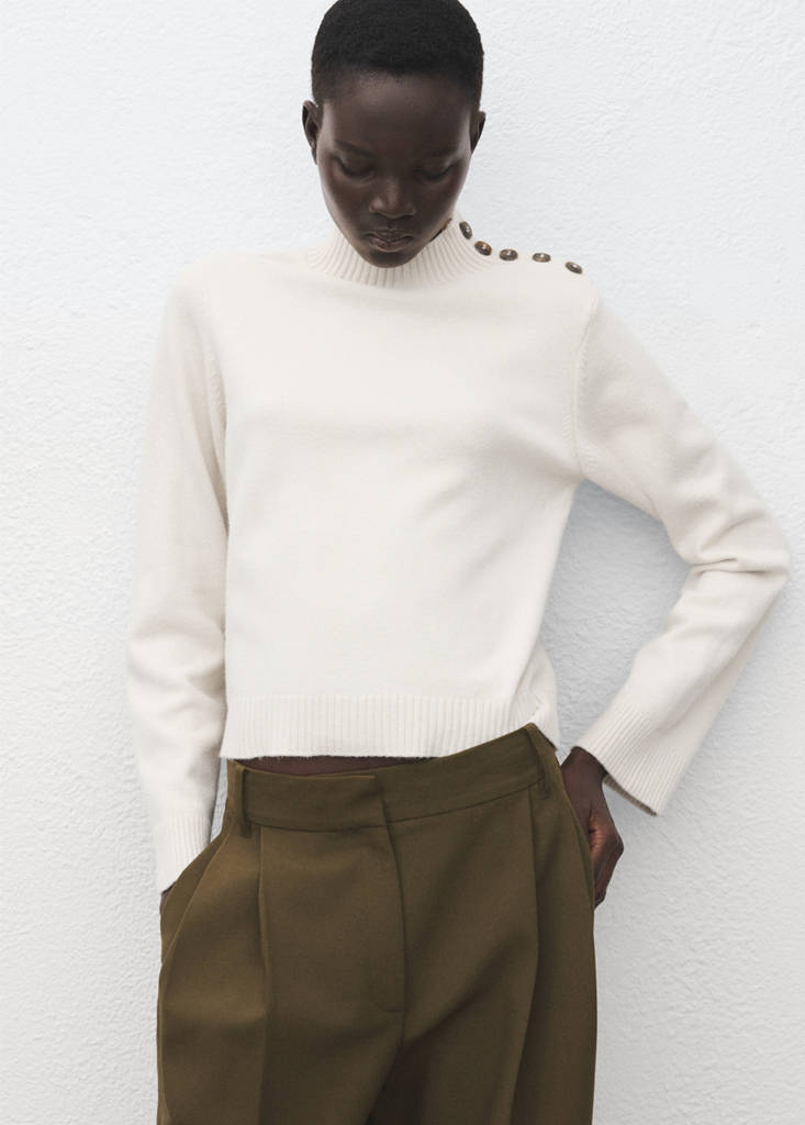 Perkins-neck sweater with button — Ecru