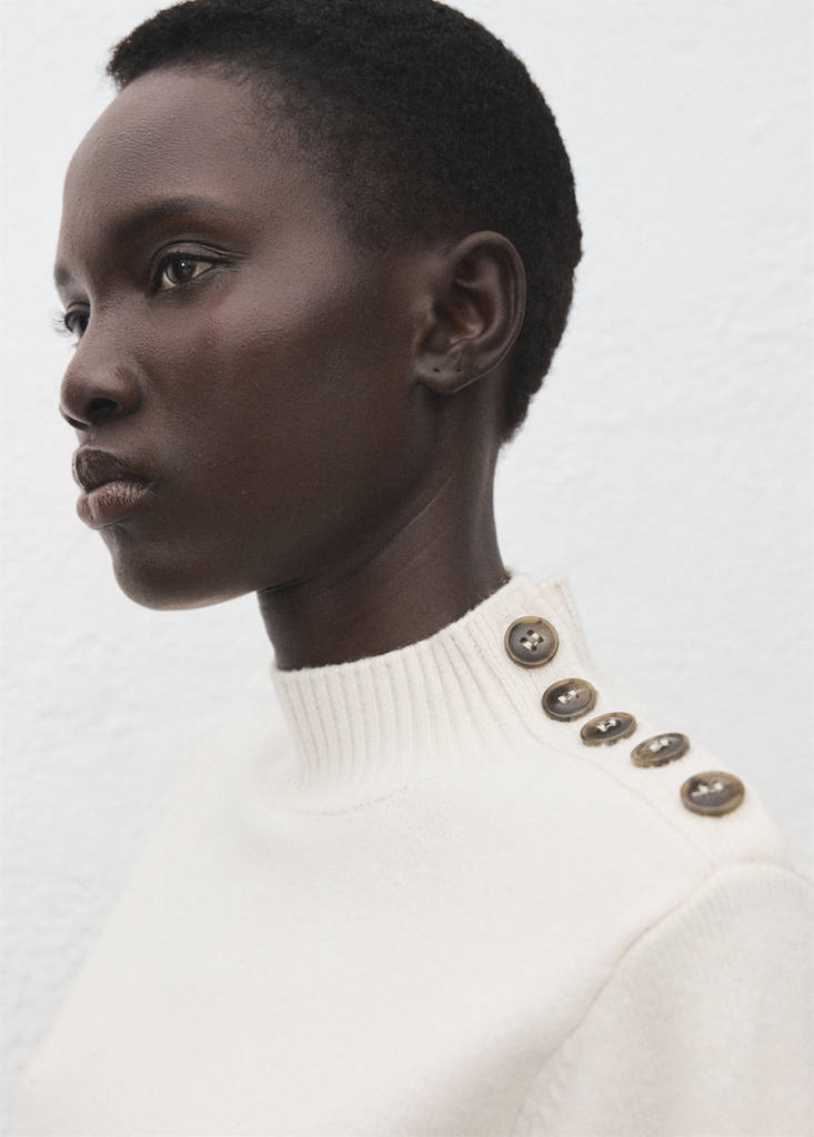 Perkins-neck sweater with button — Ecru