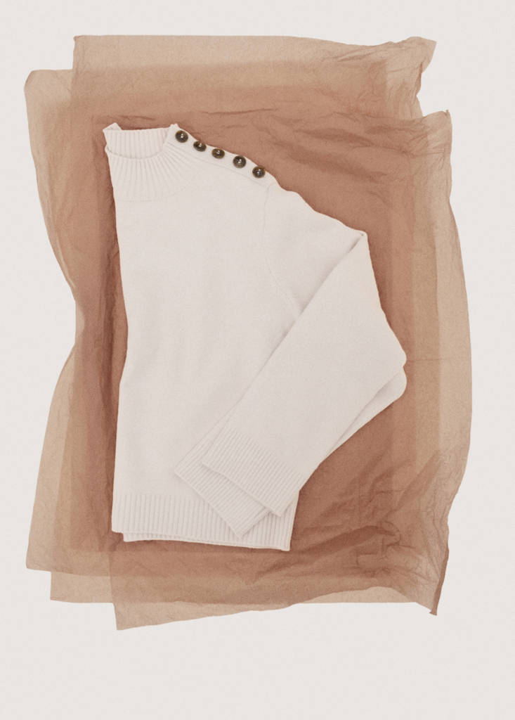 Perkins-neck sweater with button — Ecru