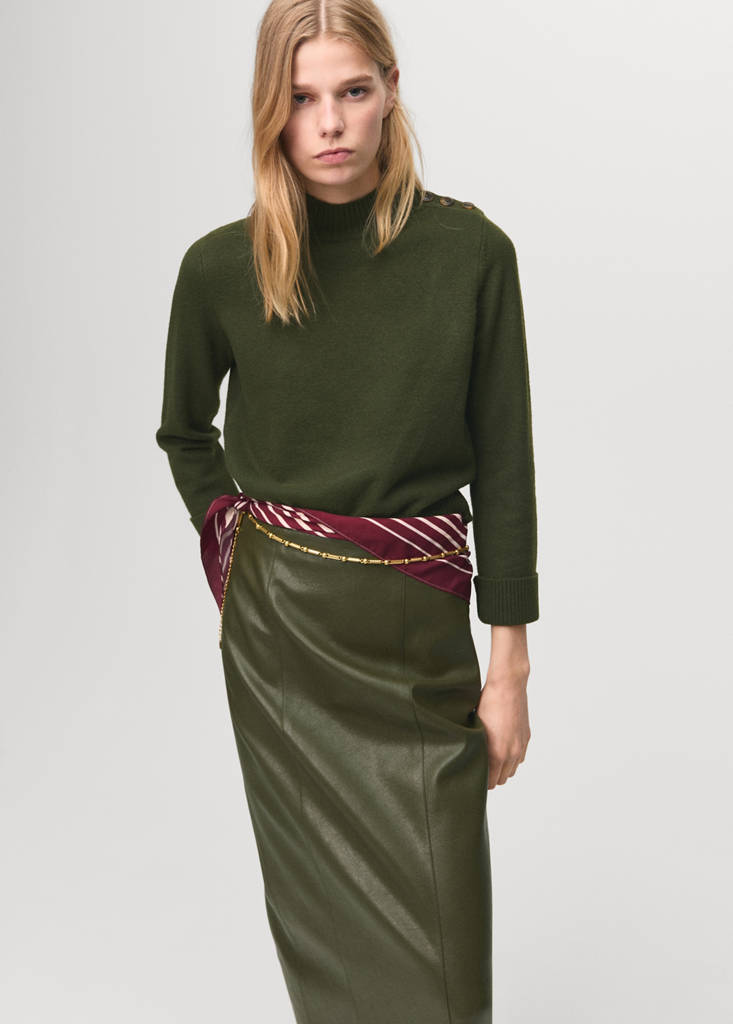 Perkins-neck sweater with button — Khaki