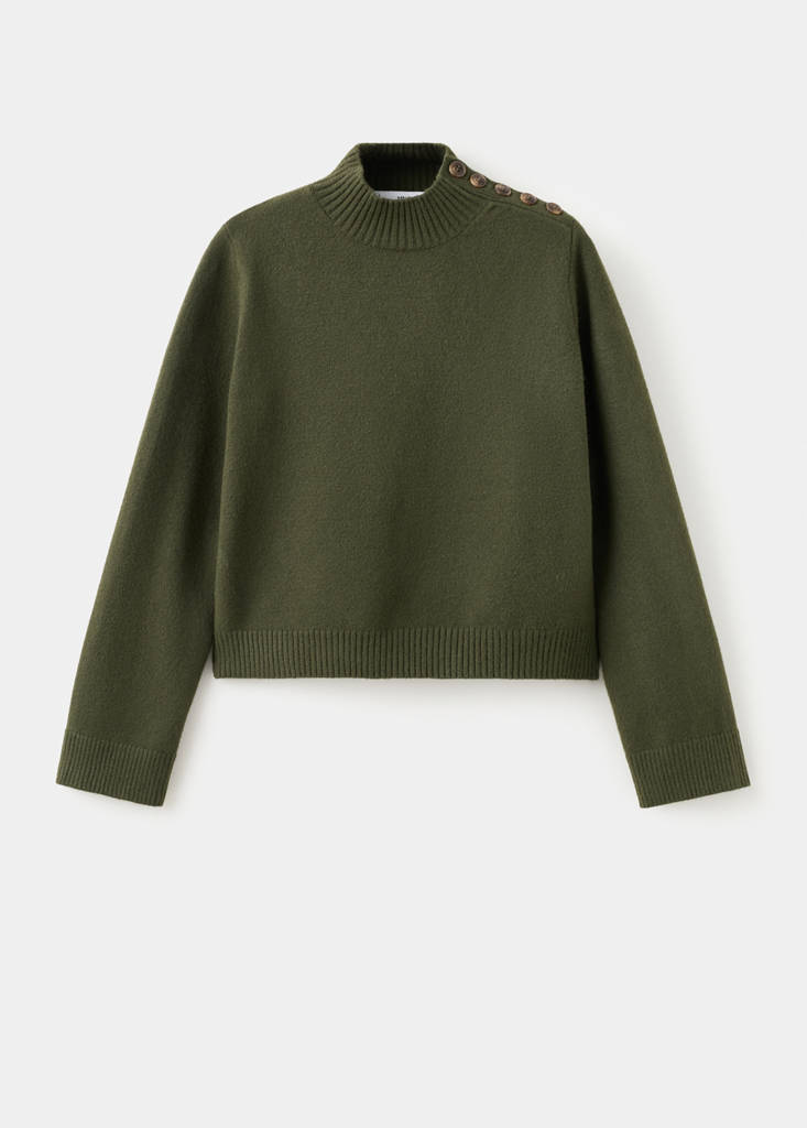 Perkins-neck sweater with button — Khaki