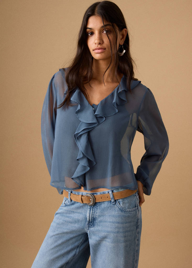 Sheer blouse with ruffles — Sky Blue