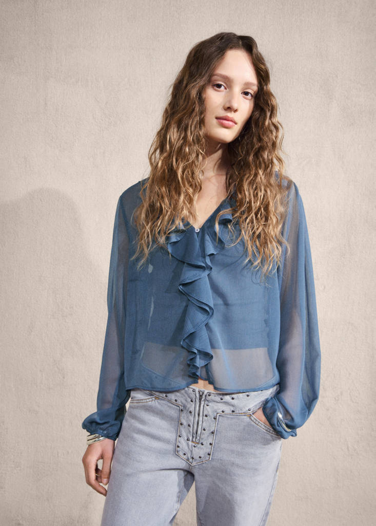 Sheer blouse with ruffles — Sky Blue