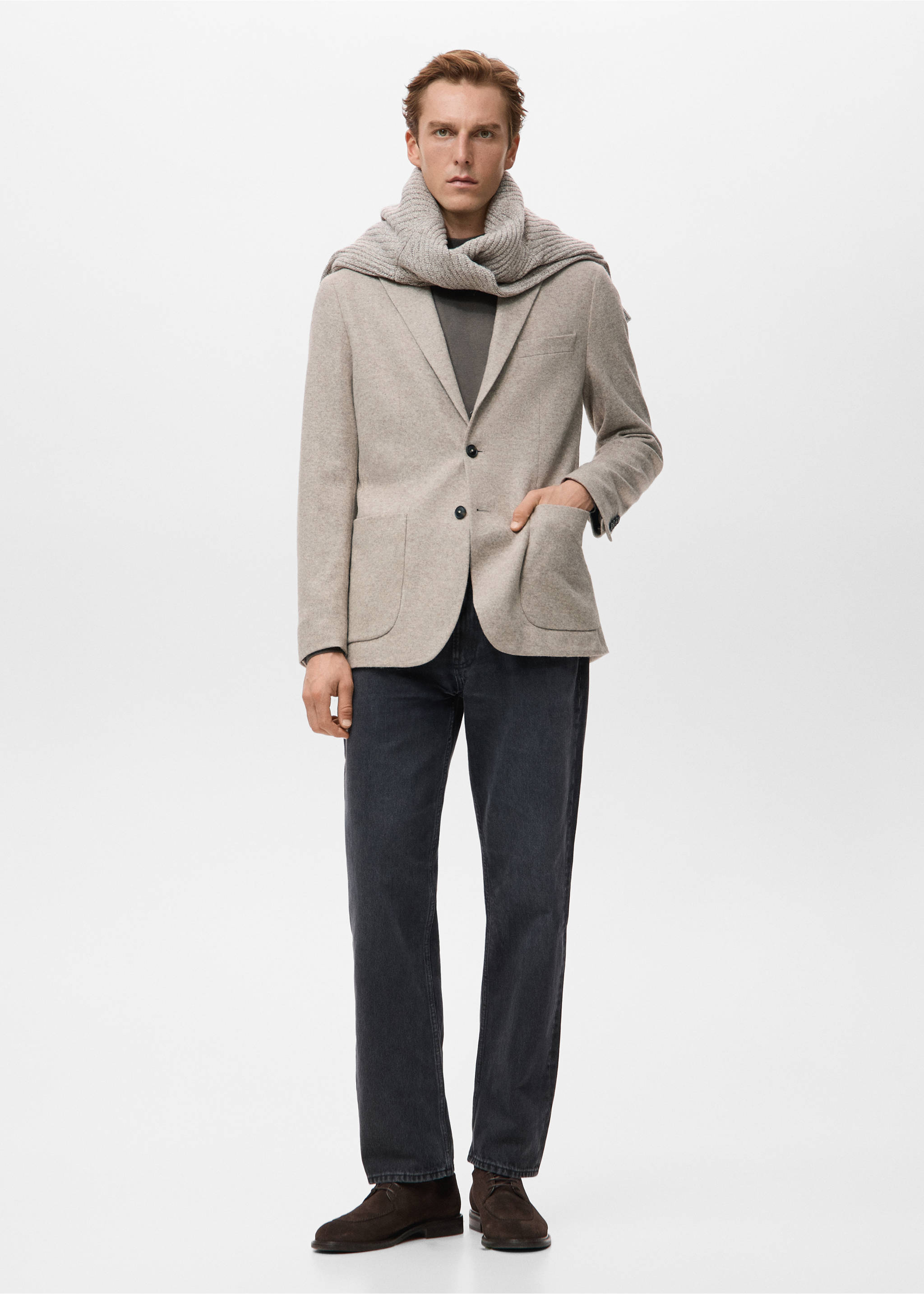 Gemêleerde wollen slim fit blazer - Overzichtstekening, Open beige. Ref: 27041230-00.