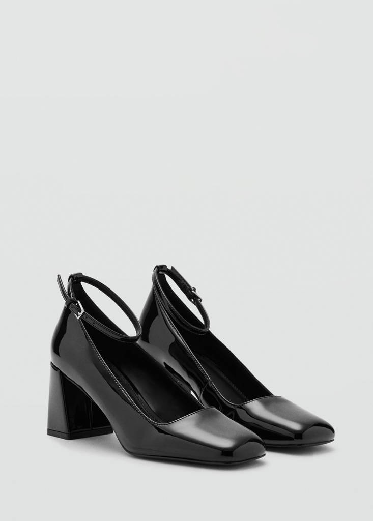 Patent leather high-heeled shoes with ankle straps — Black