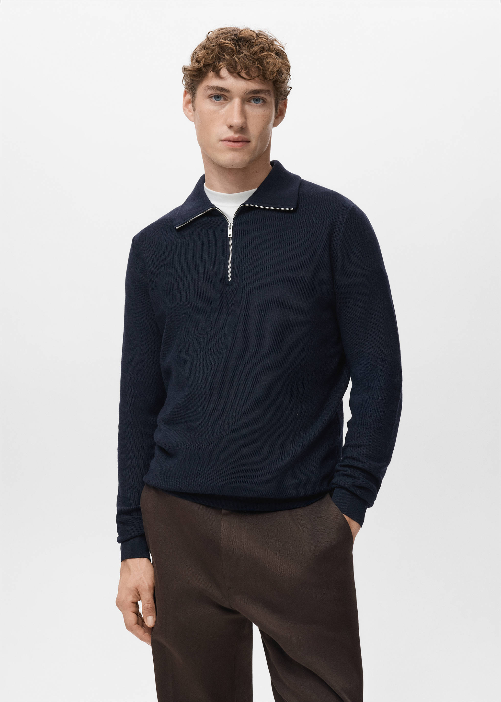 Jersey microestructura cuello cremallera - Plano medio, Azul marino. Ref: 27041282-00.