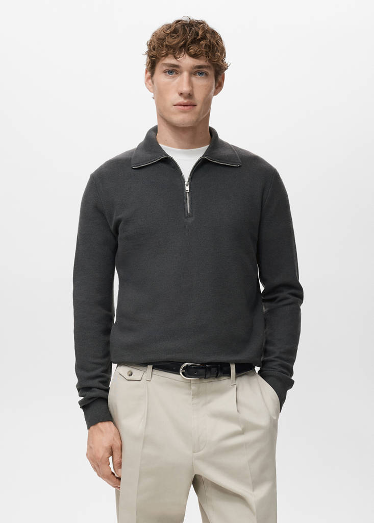 Microstructure polo shirt with zip neck — Dark Grey