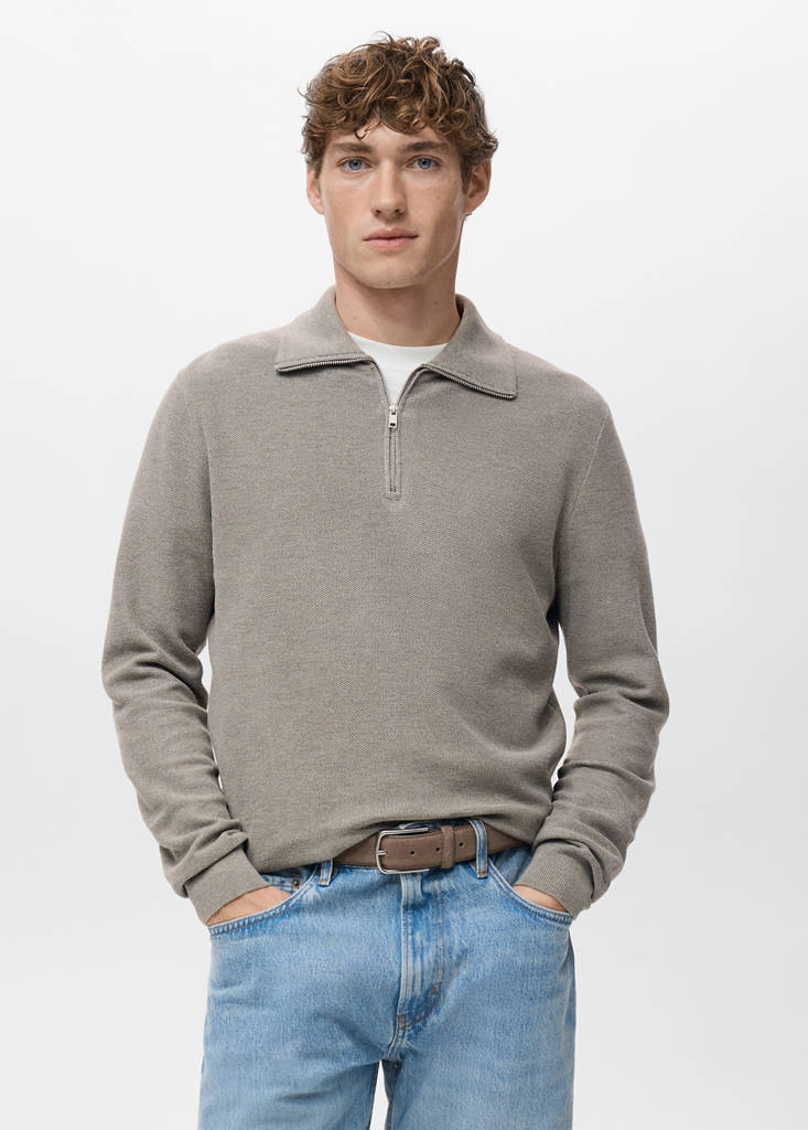Microstructure polo shirt with zip neck — Mink Grey