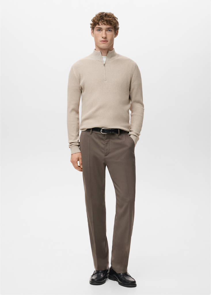 Ribbed sweater with zip neck — Beige
