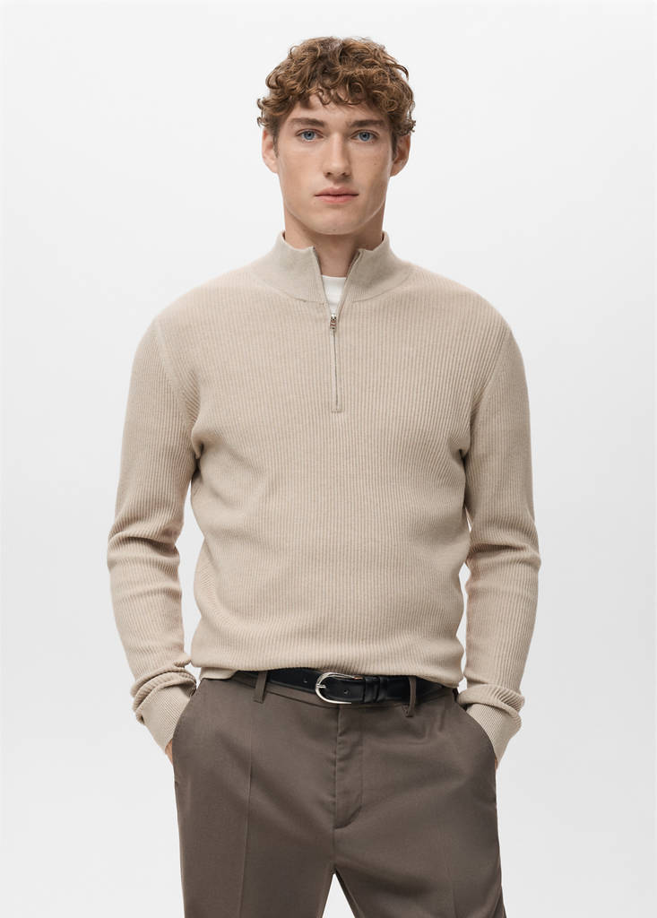 Ribbed sweater with zip neck — Beige