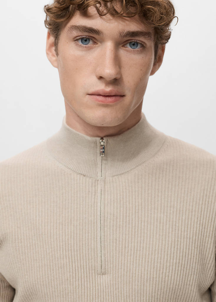 Ribbed sweater with zip neck — Beige
