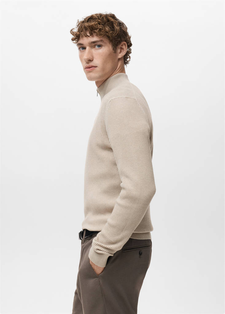 Ribbed sweater with zip neck — Beige