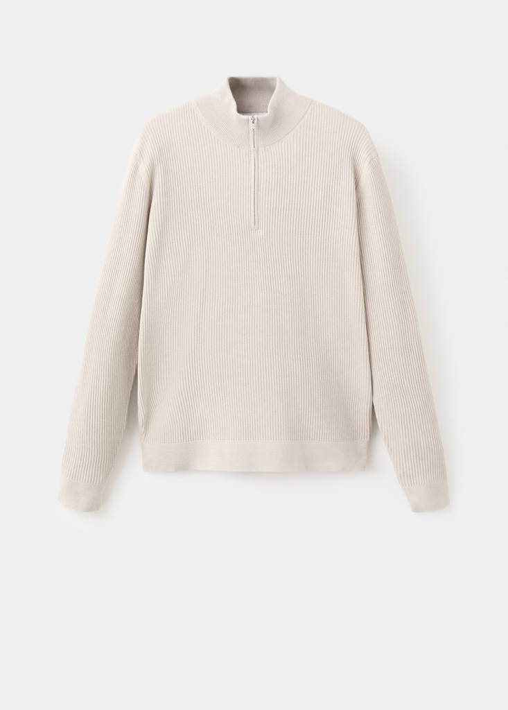 Ribbed sweater with zip neck — Beige