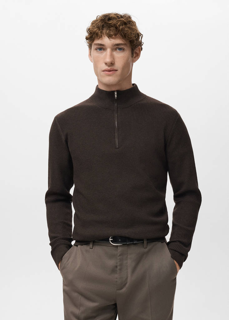 Ribbed sweater with zip neck — Chocolate