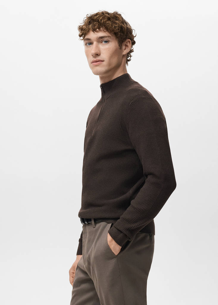 Ribbed sweater with zip neck — Chocolate