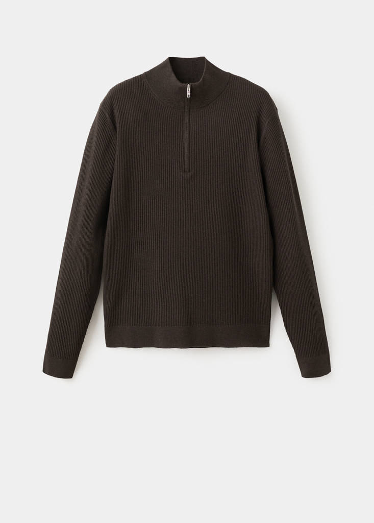 Ribbed sweater with zip neck — Chocolate
