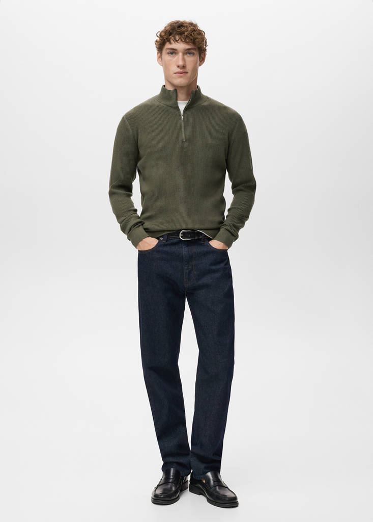 Ribbed sweater with zip neck — Olive Green