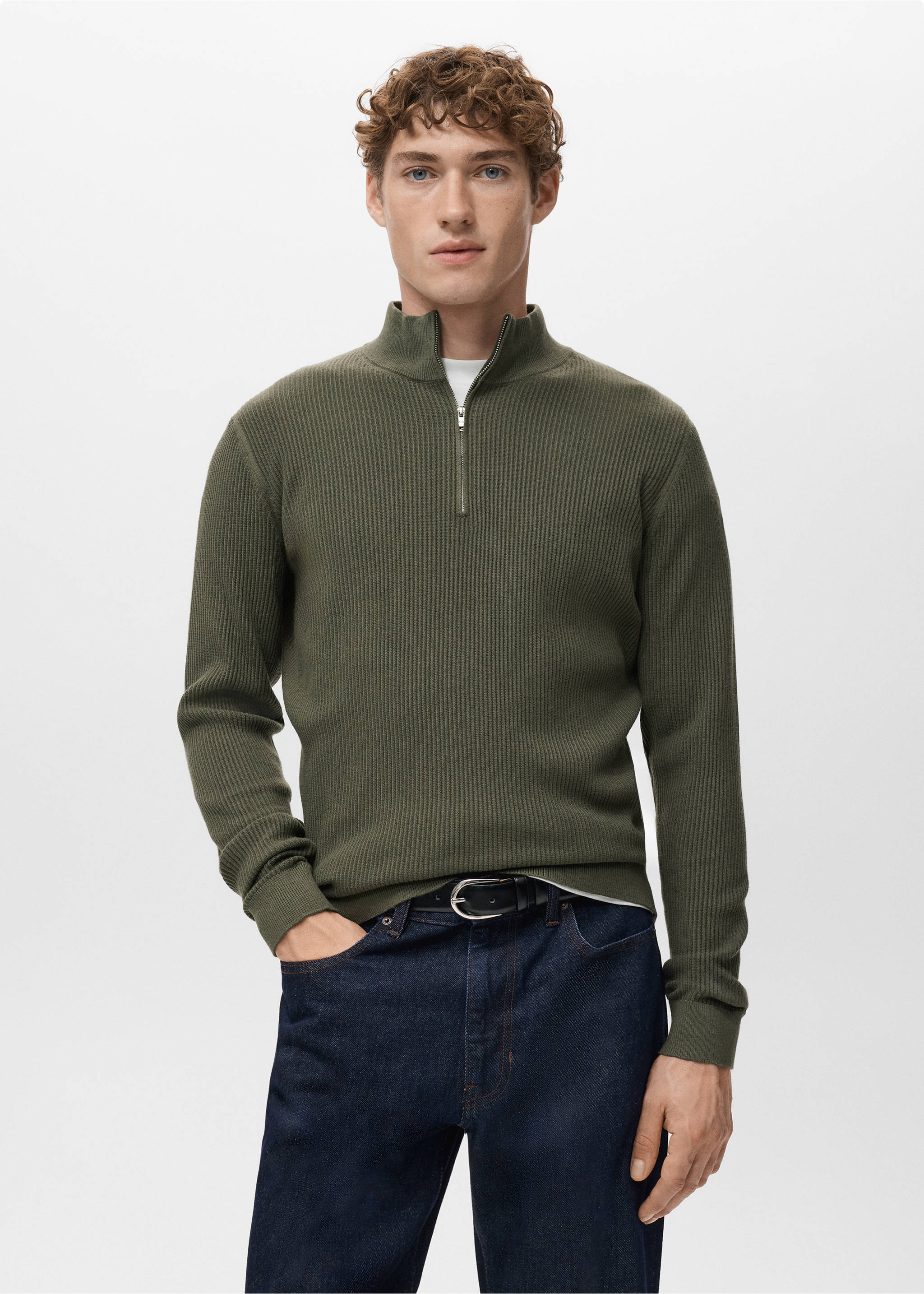 Ribbed sweater with zip neck - Medium plane, Olive Green. Ref: 27041283-00.