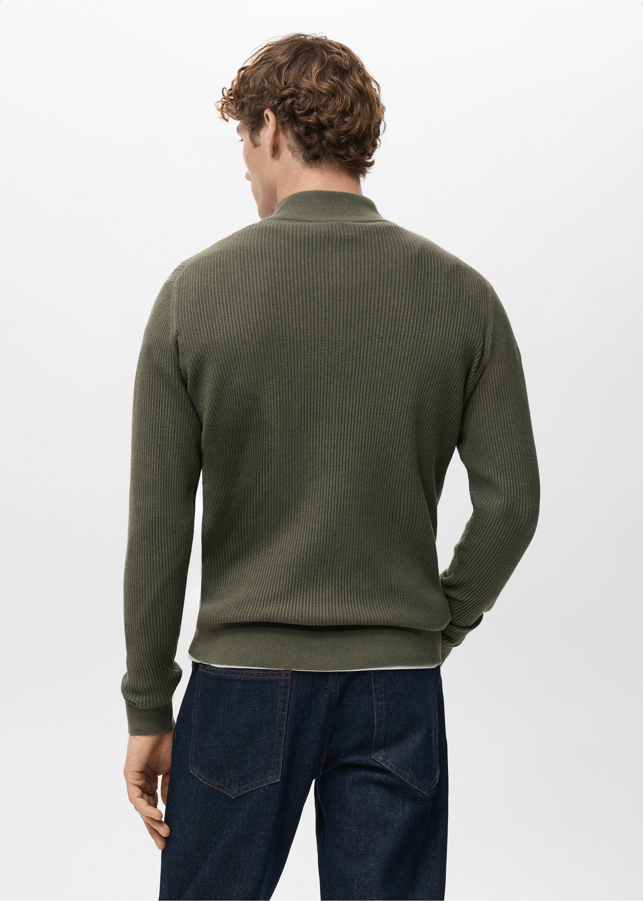 Ribbed sweater with zip neck - Reverse of the article, Olive Green. Ref: 27041283-00.