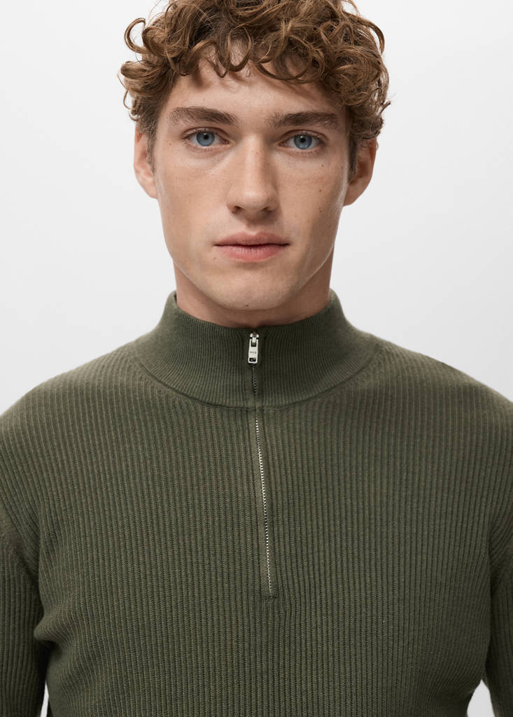 Ribbed sweater with zip neck — Olive Green