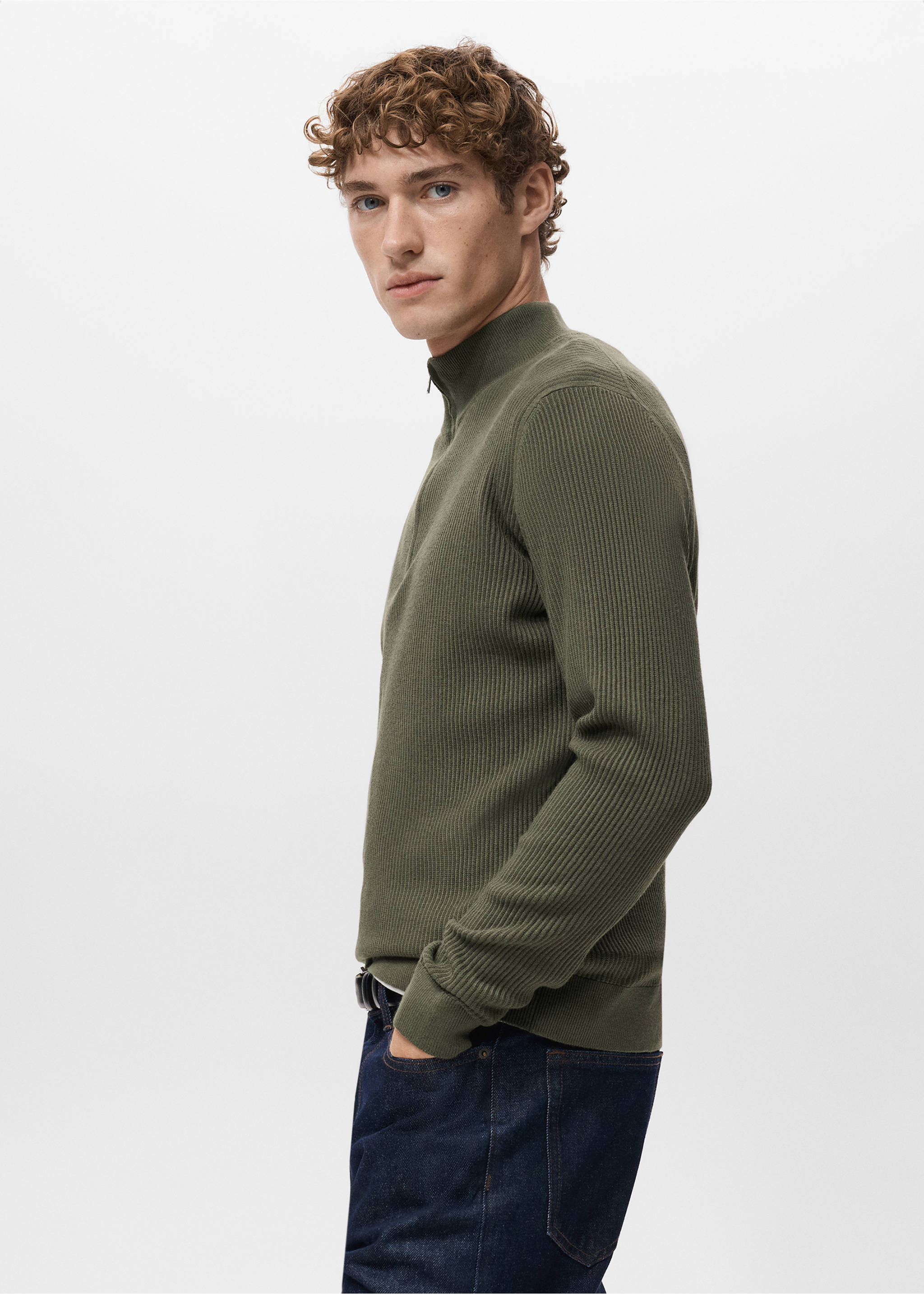 Ribbed sweater with zip neck - Details of the article 2, Olive Green. Ref: 27041283-00.