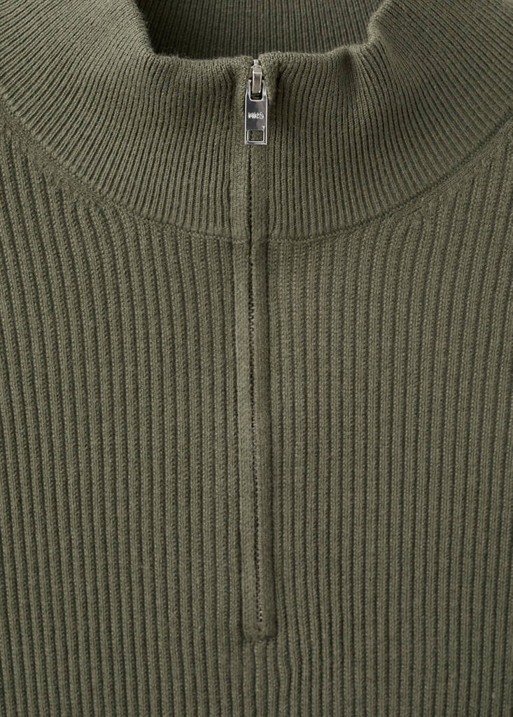 Ribbed sweater with zip neck — Olive Green