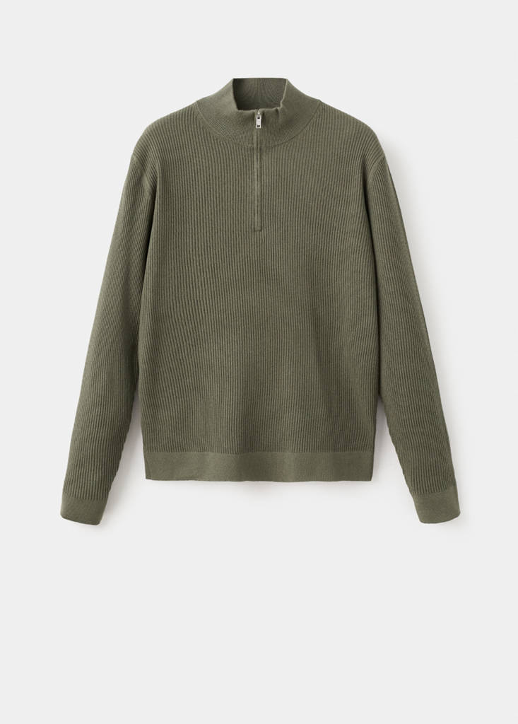 Ribbed sweater with zip neck — Olive Green
