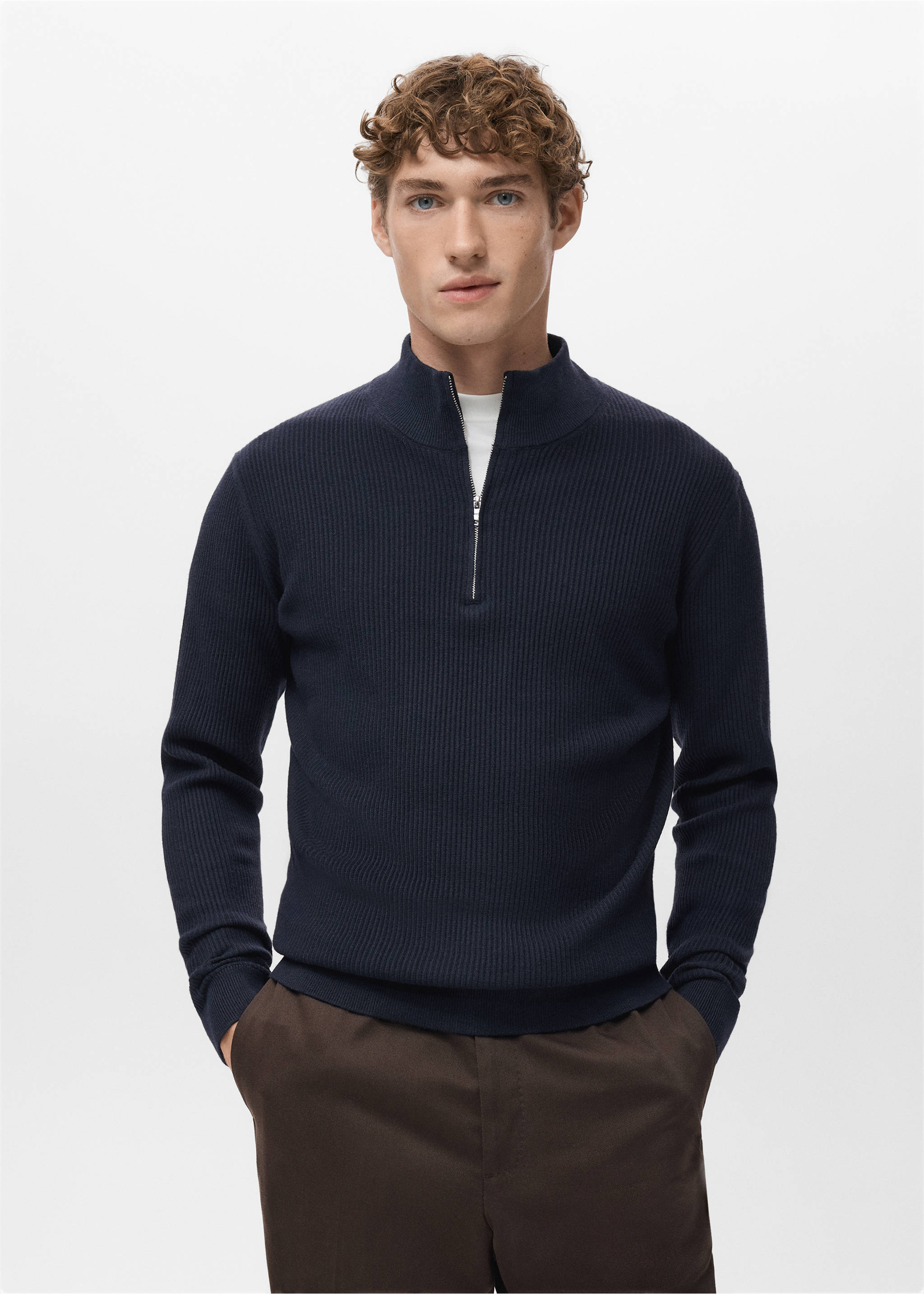 Ribbed sweater with zip neck - Medium plane, Navy. Ref: 27041283-00.