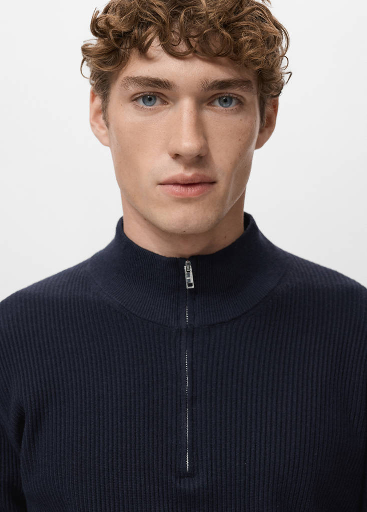 Ribbed sweater with zip neck — Navy