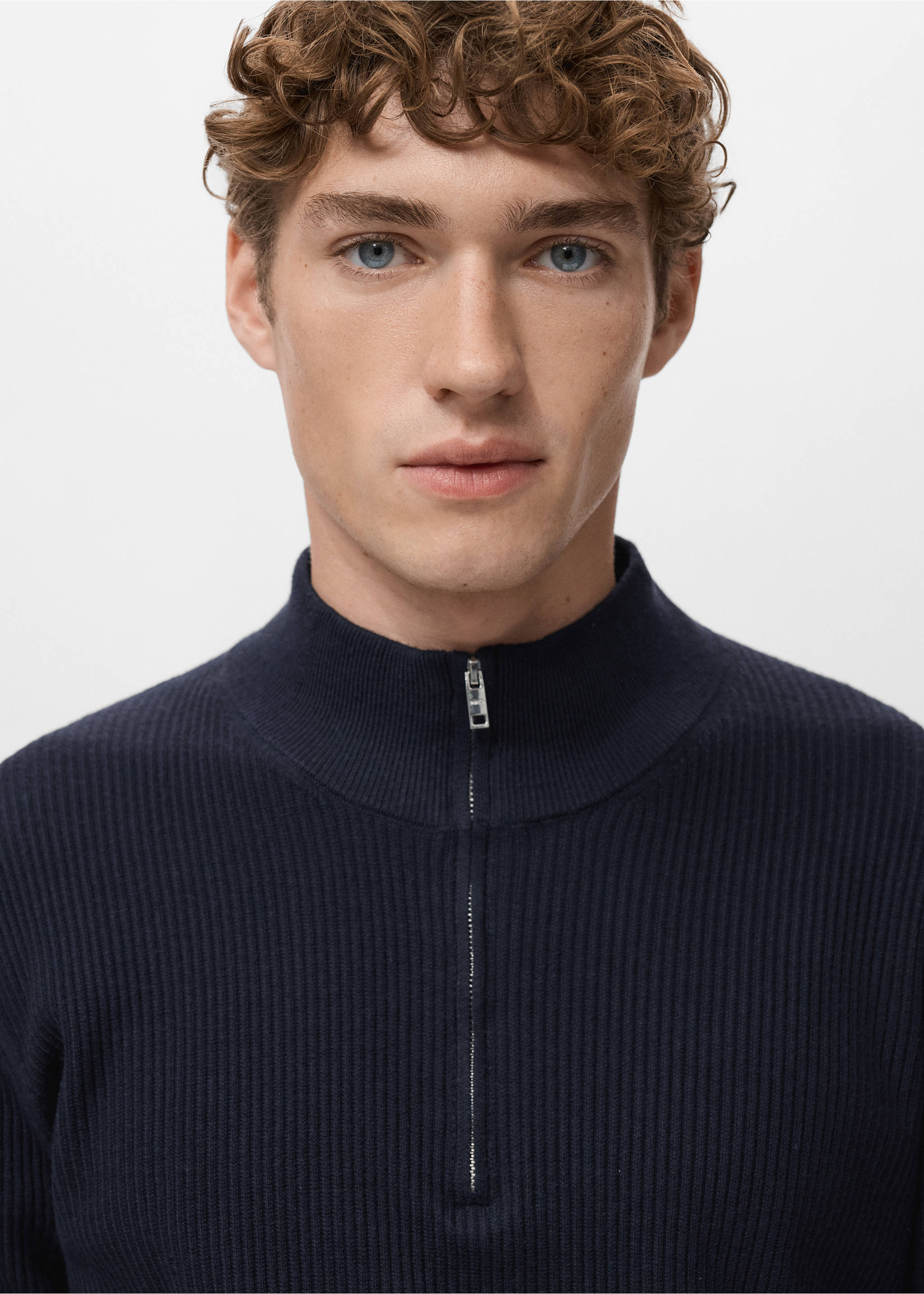Ribbed sweater with zip neck - Details of the article 1, Navy. Ref: 27041283-00.