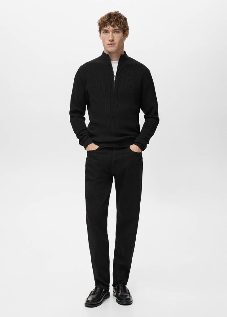 Ribbed sweater with zip neck — Black