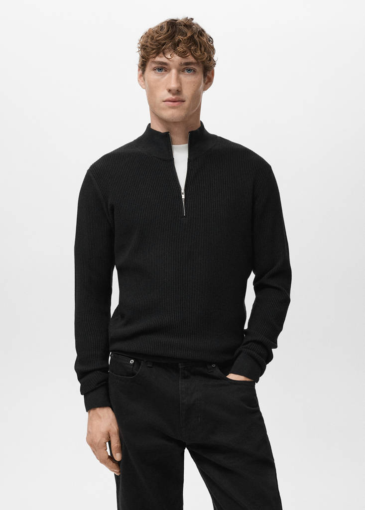 Ribbed sweater with zip neck — Black