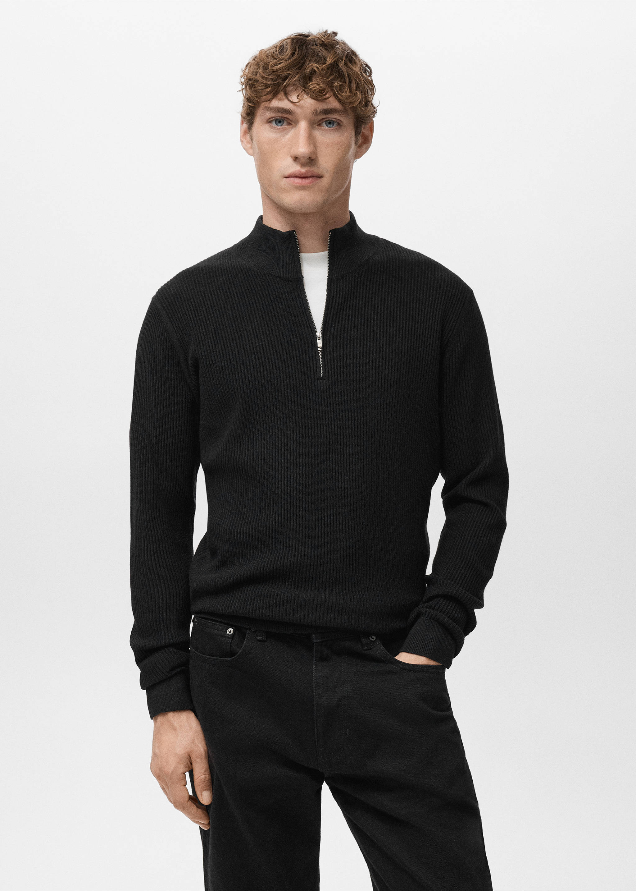 Ribbed sweater with zip neck - Medium plane, Black. Ref: 27041283-00.